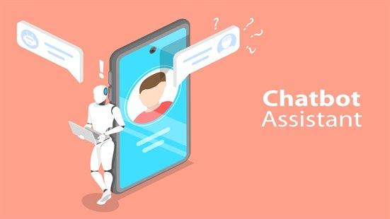 Illustrasjon av mobiltelefon med applikasjonen Chatbot Assistant åpen.