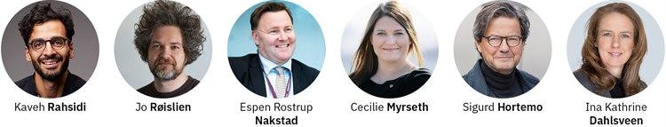 Fotoet viser medvirkende på NHI sitt debattmøte. Fra venstre Kaveh Rashidi, Jo Røislien, Espen Rostrup Nakstad, Cecilie Myrseth, Sigurd Hortemo, Ina Kathrine Dahlsveen