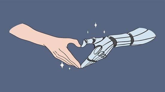 Tegning som viser en menneskehånd og en robothånd som samarbeider.