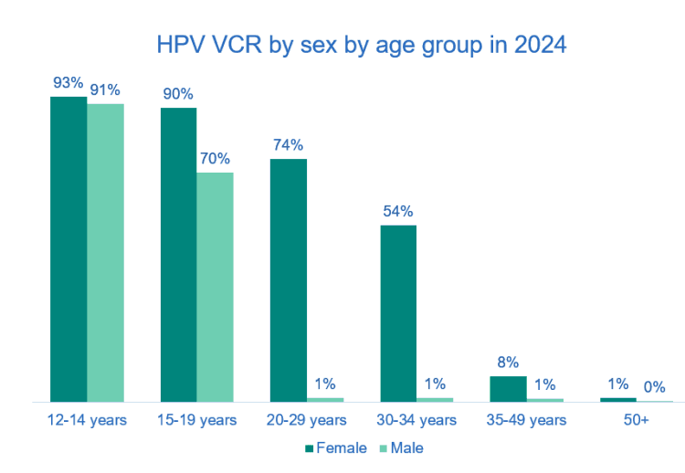 Grafen viser at i  2024 var 69 % av gutter mellom 15–19 år vaksinert mot HPV. For alle eldre aldersgrupper var tallet 1 % eller mindre