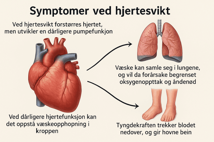 Symptomer ved hjertesvikt. Kilde: AI-generert (ChatGPT 4o), prompt: Nicolas Øyane (NHI)
